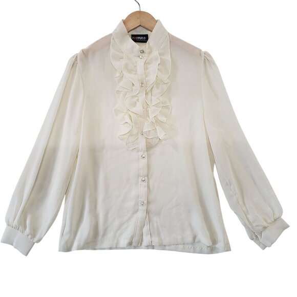 Vintage 70s Ruffled Front Sheer Cream Blouse Size 16 USA Victorian Romantic - Picture 1 of 7